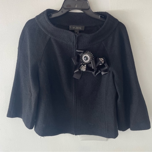 St. John Black Flower Embellished Full Zip Cardigan Sweater 27072 - Picture 2 of 7